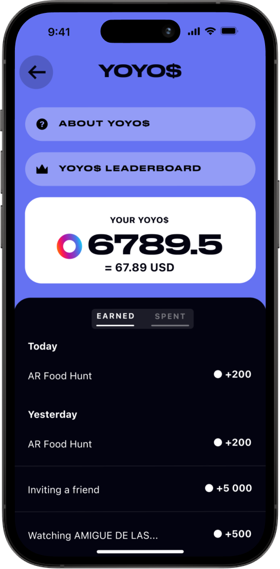 YOYO$ wallet in Global YO, earned activity log