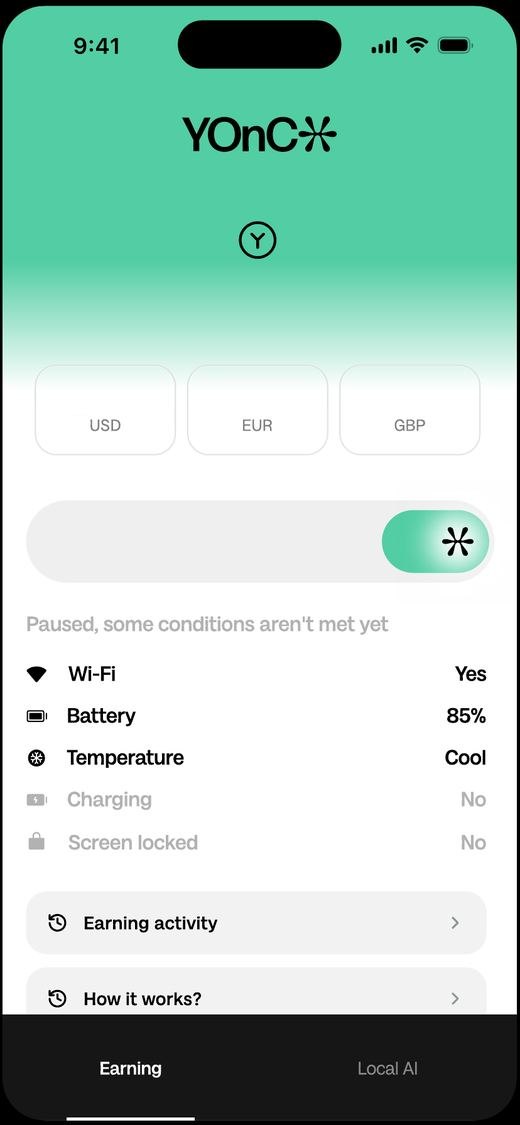 YOnC app, the earning tab with the Safe-State conditions